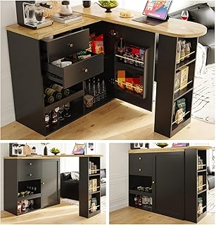 Table de Bar Extensible avec Espace de Rangement, Table Bar Cuisine Pivotant à 360°, Comptoir de Cuisine, 138-105x39x102cm, Noir (2 Tiroirs)
