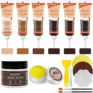 SEISSO Kit Reparation Parquet, 15 pcs Kit de Restauration du Bois, 6 couleurs Réparation des Rayures en Bois, Réparez Facilement vos Rayures, Fissures, Taches, Trous, Porte