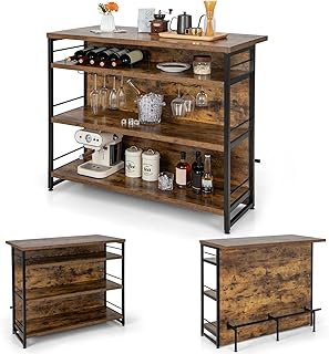 KOMFOTTEU Table de bar 2 en 1 avec espace de rangement - Armoire de bar avec 4 niveaux - Étagère à vin et support en verre - Buffet haut avec pieds réglables - 120 x 60 x 101 cm (marron)